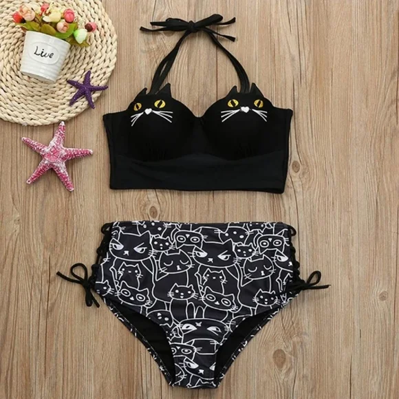 ●SALE●🇨🇦Kitty Cat Bikini Set Underwire Padded Bathing Suit Black - Picture 2 of 10